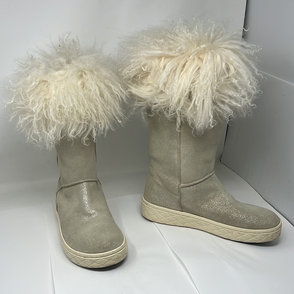 Moncler Sz 38 Gray Metallic Shimmer Suede Beige Curly Lamb Boots - Picture 2 of 12